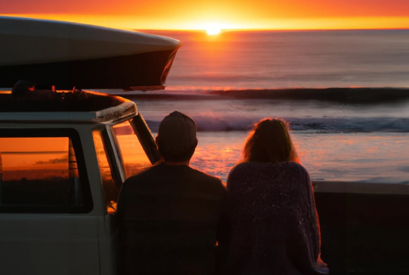 Jeune couple regardant le coucher de soleil à côté de leur van aménagé